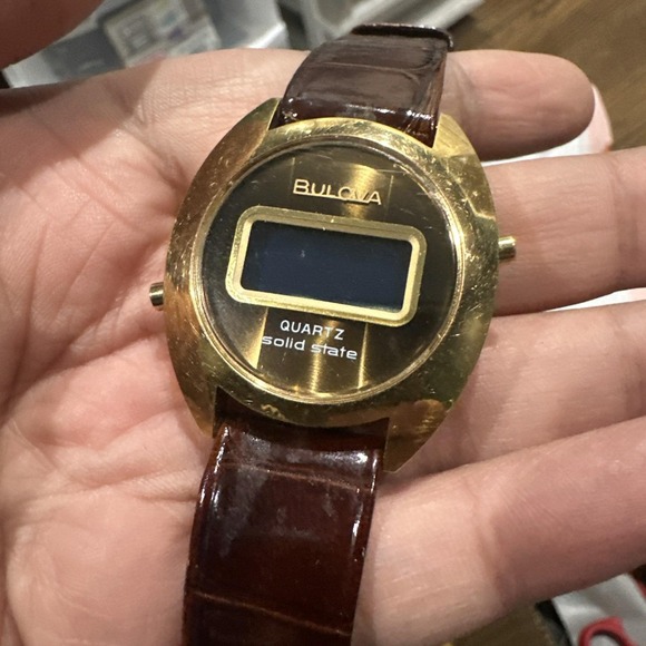 Rare Bulova Men's Digital Quartz Solid State Gold Tone Brown Watch 36mm - Repair